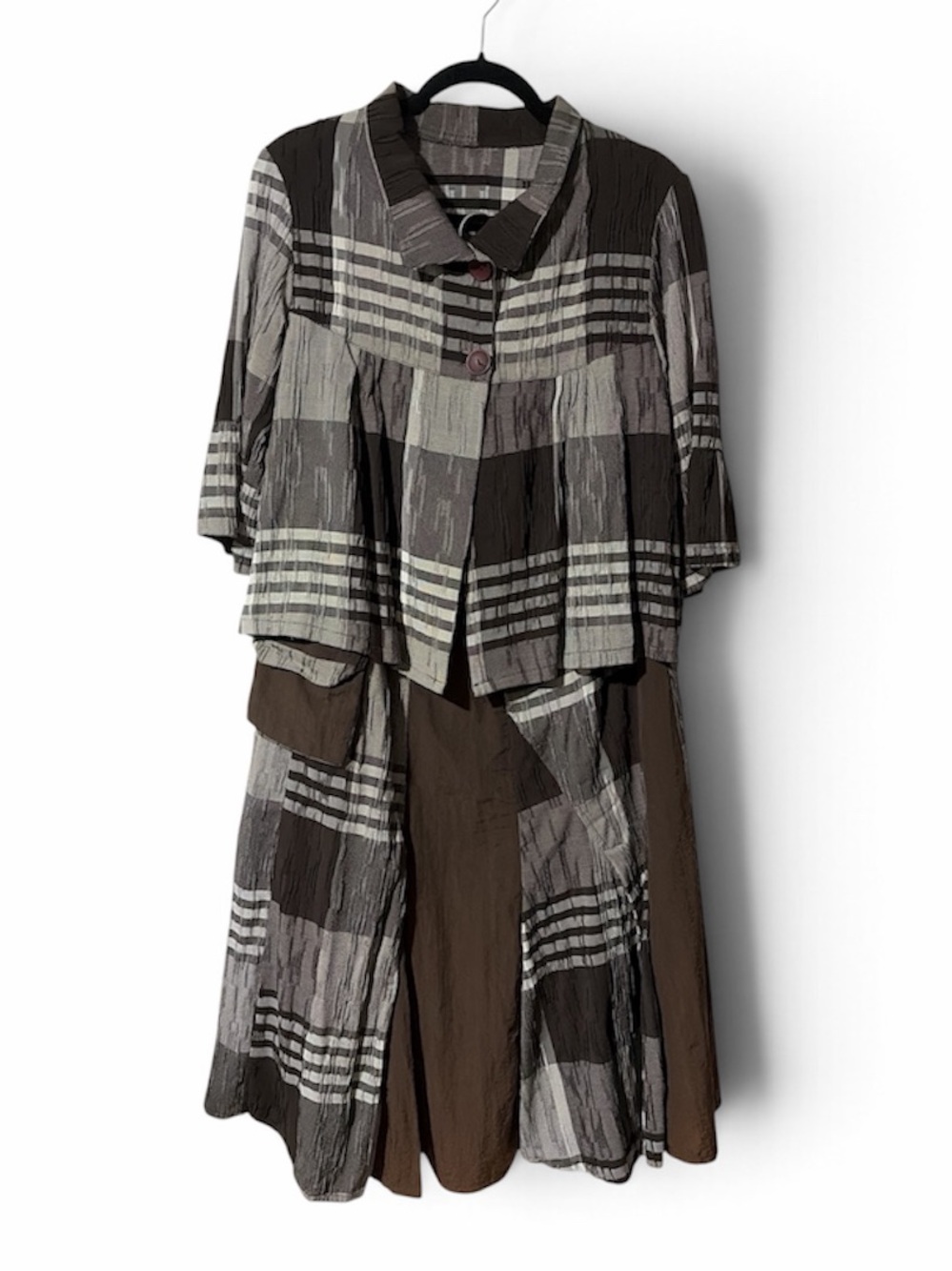 Art To Wear Plaid Crinkled Layered Skirt & Button Up Shirt Set Brown Grey